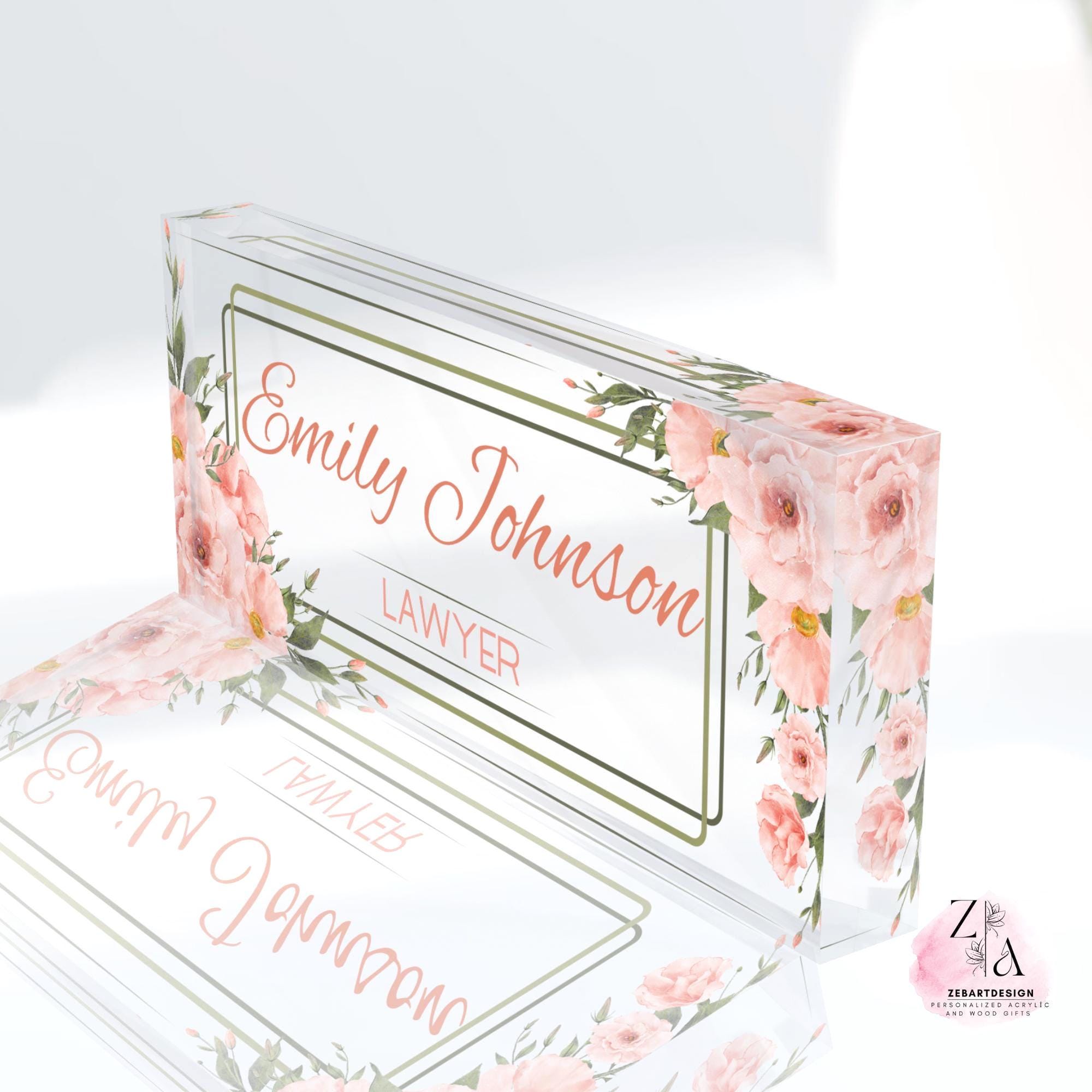 Elegant Custom Desk Sign – Personalized Acrylic Name Plate with Floral Design, Pink Flowers Lawyer Gift, Job Title Plate, Desk Name Plaque