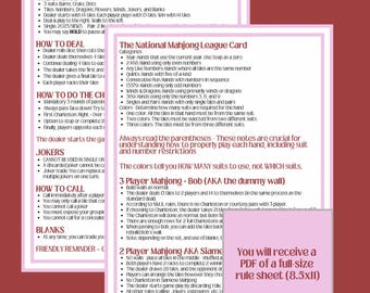 PRINTABLE Mahjong Rules Card American Mahjong Cheat Sheet 3 Player Mahjong Siamese Mahjong for Beginners Mahjong Reference Card