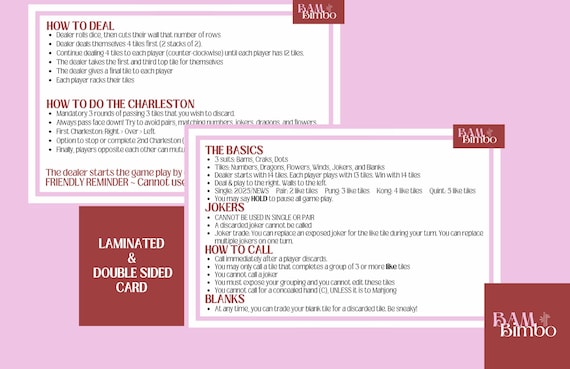 LAMINATED Mahjong Rules Card, American Mahjong Cheat Sheet, Mahjong for beginners, Reference Card