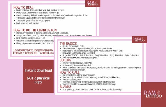 PRINTABLE Mahjong Rules Card American Mahjong Cheat Sheet Mahjong for beginners, Reference Card Mahjong Full sheet or card size