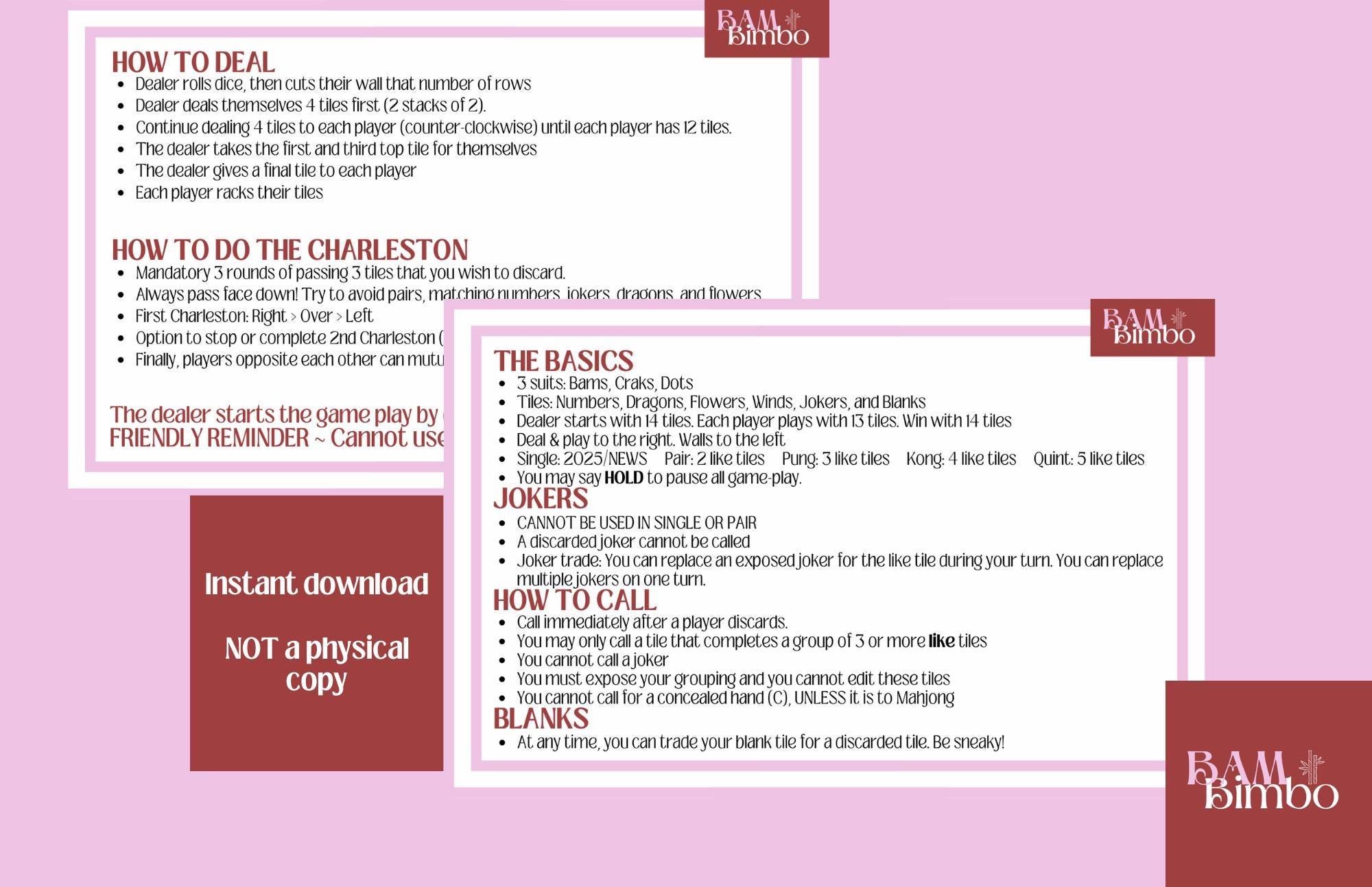 PRINTABLE Mahjong Rules Card American Mahjong Cheat Sheet Mahjong for beginners, Reference Card Mahjong Full sheet or card size
