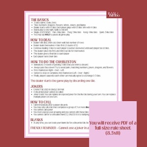May include: A pink and white informational sheet with the title "BAM Bimbo" and the text "You will receive PDF of a full-size rule sheet (8.5x11)". The sheet contains instructions for playing a tile-based game, including the basics, how to deal, how to do the Charleston, how to call, and information about jokers and blanks.