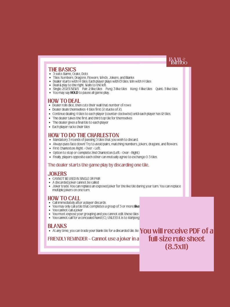 May include: A pink and white informational sheet with the title "BAM Bimbo" and the text "You will receive PDF of a full-size rule sheet (8.5x11)". The sheet contains instructions for playing a tile-based game, including the basics, how to deal, how to do the Charleston, how to call, and information about jokers and blanks.