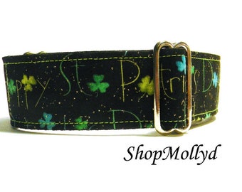 St Patricks Day Sparkley collar Martingale collar Tag Collar Irish Shamrocks greyhound galgo sighthound whippet  Large dog Collar