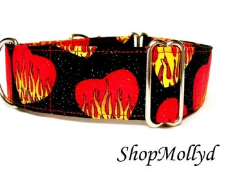 Flaming hearts Valentine's Love Martingale collar Tag Collar  greyhound galgo sighthound whippet  Large and small dog Collar Red Hearts