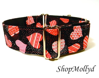 Sparkley hearts Valentine's Love Martingale collar Tag Collar  greyhound galgo sighthound whippet  Large and small dog Collar Red Hearts