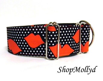 Valentine's Love Martingale collar Tag Collar  greyhound galgo sighthound whippet  Large and small dog Collar Red Lips