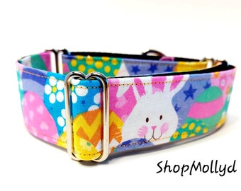 Easter Bunny and Eggs with silver spearkles Martingale collar Tag Buckle collar  greyhound galgo sighthound whippet