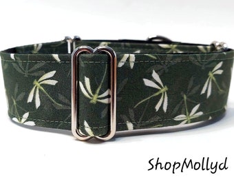 Martingale collar tag collar fall green dragonflies  greyhound galgo sighthound whippet  dog collar wolfhound Dragonfly