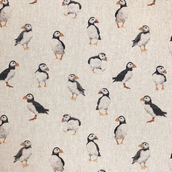 Puffin Print Cotton Rich Linen Look Upholstery Fabric Rock Oona Birds 138cm/54''