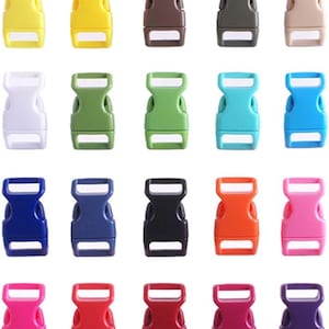 May include: Assortment of 20 plastic side release buckles in various colors, including blue, green, red, yellow, orange, white, black, brown, and purple. The buckles are approximately 1 inch in length.