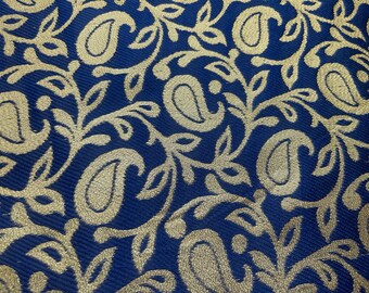 Navy Blue /Gold Paisley Double Sided  Fabric Woven Jacquard Brocade Scrapbooking Metallic Indian Brocade Paisley Fabric