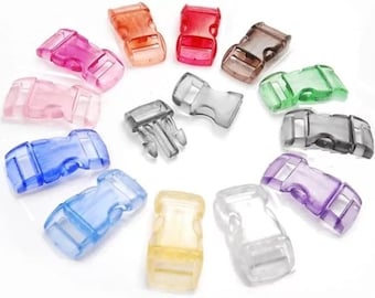 10pc Assorted Transparent Colour 10mm Curved Side Release Buckles For Crafts, Parachute Cord, Bracelets, Collars, Straps, Sewing Accessories