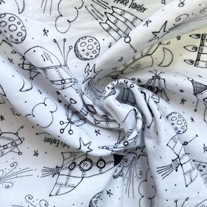 Space Craft on White Flannel Winceyette Fabric 100% Cotton Soft Brushed Flannelette 110cm Wide Kids Dressmaking Brushed Cotton Fabric