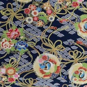Oriental Isumi Strings Cranes on Black Japanese Fabric Digital Print 100% Quilting Cotton Sewing Quilting fabric Japanese Gilded Fabric