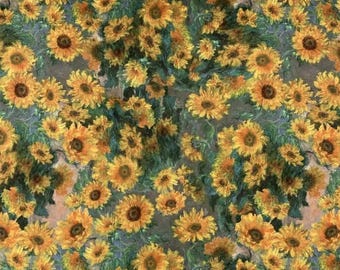Puede incluir: Un primer plano de una pintura que representa un campo de girasoles amarillos con hojas y tallos verdes. Los girasoles están pintados en un estilo estilizado e impresionista.