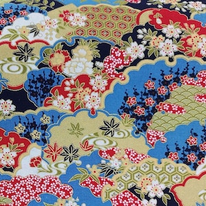 Oriental Golden Flower Garden Blue Japanese Fabric Digital Print 100% Quilting Cotton Sewing Quilting fabric Japanese Gilded Purple Sew
