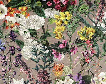 Tecido de veludo de algodão floral de verão cinza pomba, tecido de veludo italiano estampado, cortina, estofamento, almofada, mantas, 140 cm de largura, veludo de pelúcia
