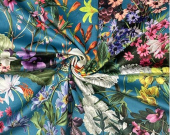 Tecido de veludo de algodão floral turquesa de verão, tecido de veludo italiano estampado, cortina, estofamento, almofada, mantas, 140 cm de largura, veludo de pelúcia