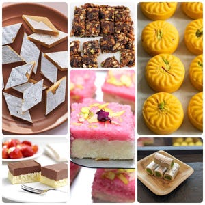 Könnte beinhalten: Sortiment indischer Süßwaren, darunter Barfi, Ladoo und Burfi. Die Süßwaren sind auf Tellern und Tabletts angerichtet, einige sind mit Nüssen und Gewürzen verziert.