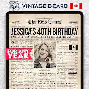 E-Card zum 40. Geburtstag, Zeitungsposter für iPad mit Fakten aus dem Jahr 1985 in Kanada, personalisiertes Geschenk zum 40. Geburtstag, digitale, personalisierte Grußkarte