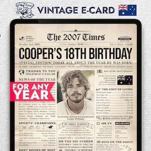 Cartaz de jornal personalizado de 18º aniversário com fatos da Austrália de 2007, presente de 18º aniversário para mulheres e homens, cartão eletrônico digital de aniversário para iPad