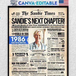 Może przedstawiać: Oprawiony plakat w stylu gazety zatytułowany The Sandie Times z datą 25 września 1986 roku. Zawiera centralne zdjęcie osoby w stroju medycznym, otoczone ciekawostkami, nagłówkami, wynikami sportowymi i faktami z 1986 roku.