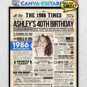 May include: A vintage-style newspaper poster titled The 1986 Times, featuring the headline Ashley's 40th Birthday. The design includes a central photograph of a person, 1986 facts, trivia, sports champions, and pop culture news in black text.