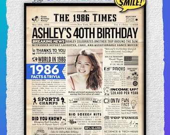 Personalized 40th Birthday Newspaper Poster | 1986 Vintage USA | Editable Canva Template | Milestone Gift | Custom Birthday Wall Art