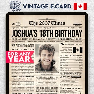 E-Card zum 18. Geburtstag, Zeitungsposter für iPad mit Fakten aus dem Jahr 2007 in Kanada, personalisiertes Geschenk zum 18. Geburtstag, digitale, personalisierte Grußkarte