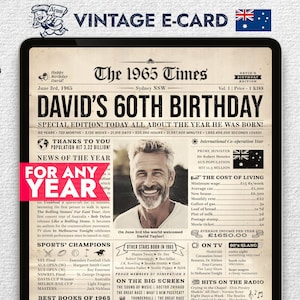 E-card per il 60° compleanno, poster di giornale per iPad con informazioni sull'Australia del 1965, regalo personalizzato per il 60° compleanno, biglietto d'auguri digitale in formato PNG