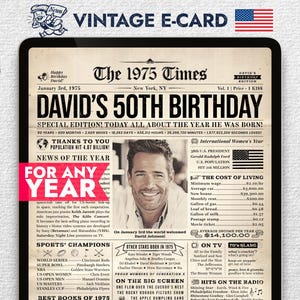 Gepersonaliseerde krantenposter voor 50e verjaardag met feiten uit de VS in 1975, cadeau voor 50e verjaardag voor vrouwen en mannen, digitale verjaardagskaart voor iPad.