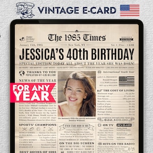 Personalisiertes Zeitungsposter zum 40. Geburtstag mit Fakten aus den USA von 1985, Geschenk zum 40. Geburtstag für Frauen und Männer, Digitale iPad-E-Card zum Geburtstag