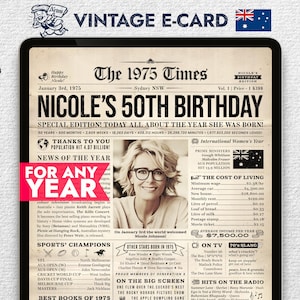 Gepersonaliseerde krantenposter voor 50e verjaardag met feiten uit Australië in 1975, cadeau voor 50e verjaardag voor vrouwen en mannen, digitale verjaardagskaart voor iPad.