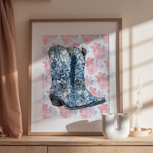 Decorazione murale con stivali da cowboy blu, stampa retrò con cowgirl, decorazione murale con sfondo floreale del selvaggio West