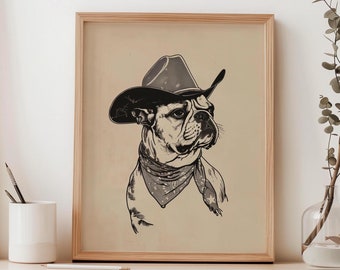Cowdog Wall Art Cowboy Bulldog Vintage Cowboy Dog Art Western Art Print Vintage Western Art Trendy Wall Art