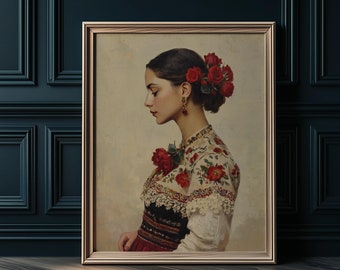 Lámina artística de mujer mexicana romántica: decoración de pared con mariachi