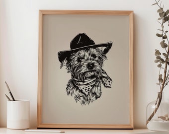Yorkshire Terrier Cowdog Wall Art Cowboy Dog  Vintage Cowboy Dog Art Western Art Print Vintage Western Art Trendy Wall Art