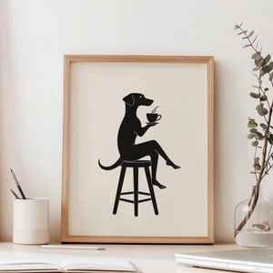 Kaffee trinkender Hund Druck Kaffee Wandkunst Minimalistischer Druck Hundeliebhaber Wandkunst Kaffeeliebhaber Wandkunst