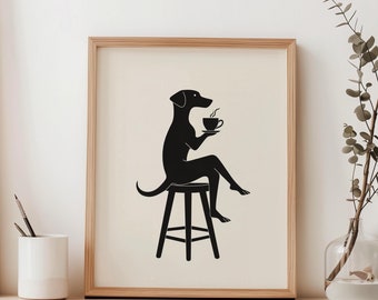 Coffee Drinking Dog Print Coffee Wall Art Minimalist Print Dog lovers Wall Art Coffee lovers Wall Art