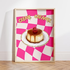 Póster vintage de arte de pared con crema de caramelo, arte gastronómico, arte retro de comida, póster rosa, arte de cocina, arte de pared dulce
