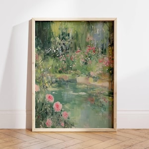 Romantic Garden Impressionist Wall Art – Vintage Floral Pond Painting – Cottagecore French Country Printable Decor