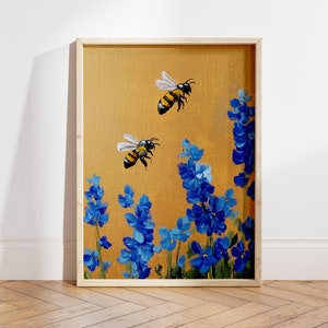 Bee Wall art Bumblebee Painting Honeybee Oil Painting Bees On Flower