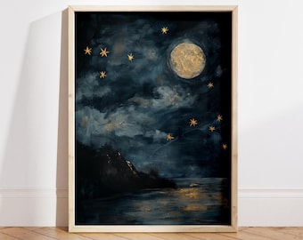 Vintage maankunstdruk: olieverfschilderij nachtelijke hemel, decor donkere academische wereld