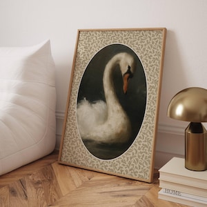 Vintage Swan Art Print: Elegant Oval Framed Painting