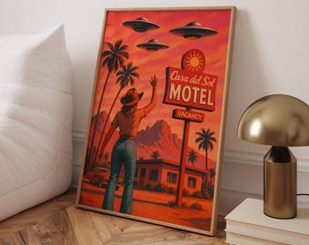 Arte de parede de colagem de cowgirl | Pôster do deserto cósmico | Impressão ocidental vintage | Decoração de casa boho retrô | Download digital moderno