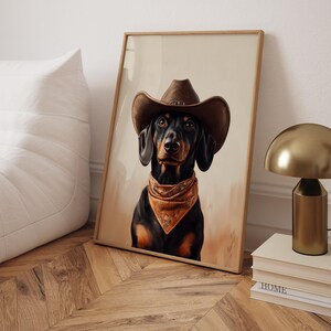 Dachshund Western Trendy Wall Art Cowgirl Hat Print Funky Western Art Neutral Aesthetic