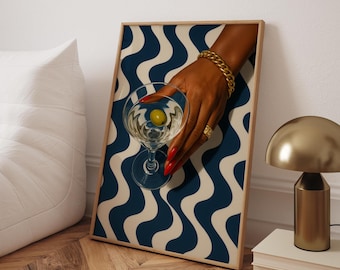Retro Martini Art Print: Chic Black Woman, Bar Cart Decor