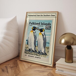 Arte de pared con sello postal de pingüinos, arte de pared vintage con animales para cocina retro, arte de pared costero, póster marino