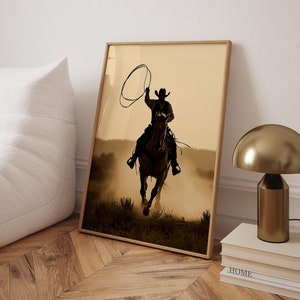 Cowboy With Lasso Print: Sepia Tone Western Farmhouse Wall Art